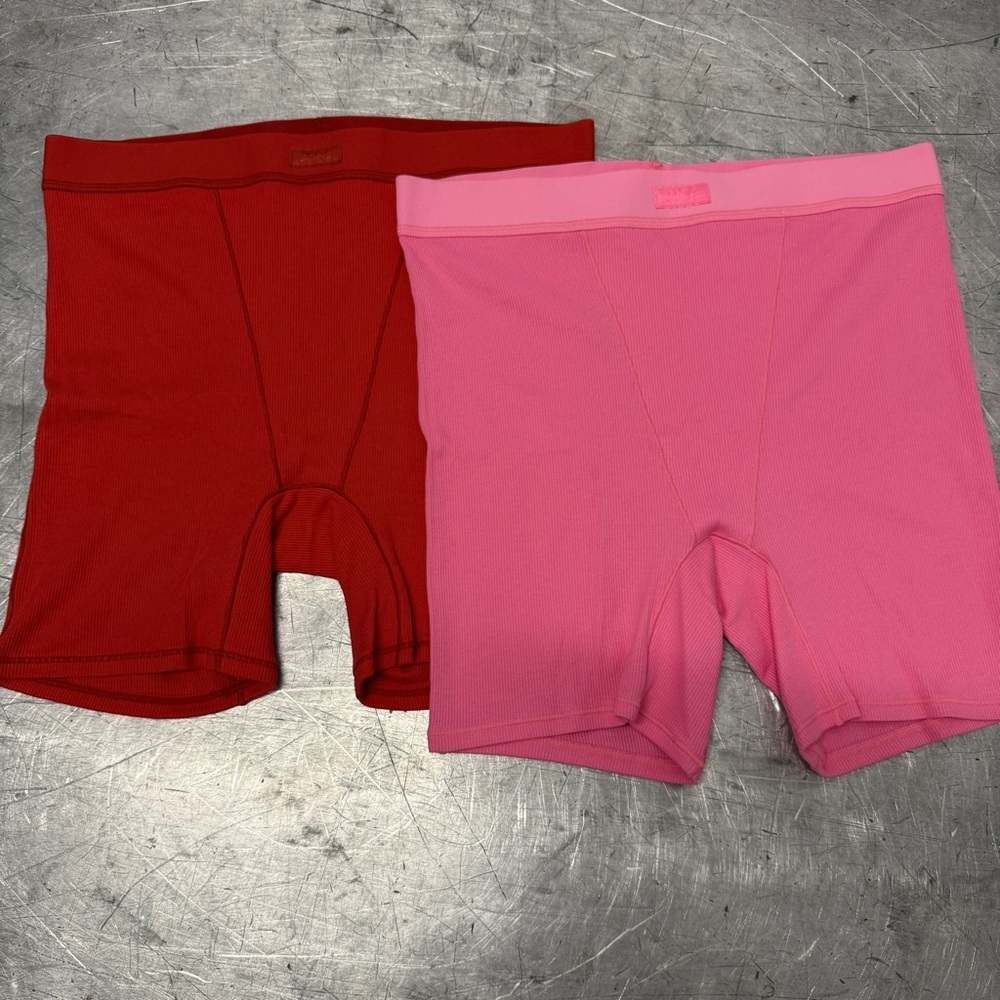Skims Women’s Pair Of Pink And Red Cotton Rib Boxer Shorts Size Large